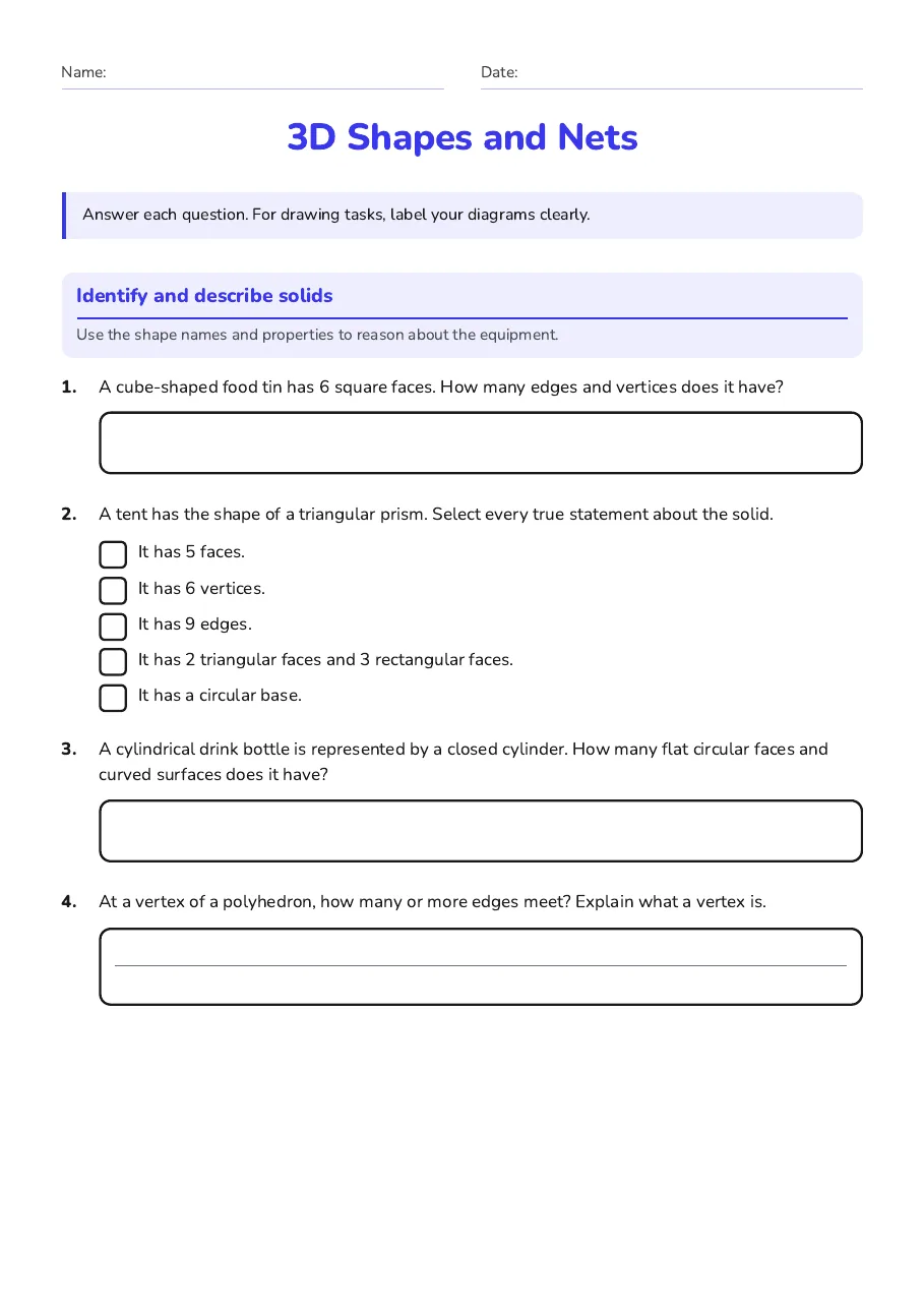 3D Shapes and Nets, page 1 of 3: Identify and describe solids