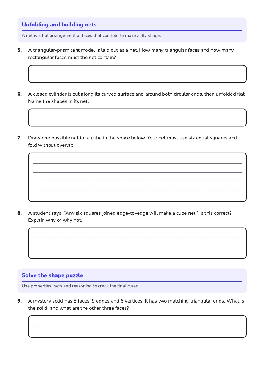 3D Shapes and Nets, page 2 of 3: Unfolding and building nets, Solve the shape puzzle