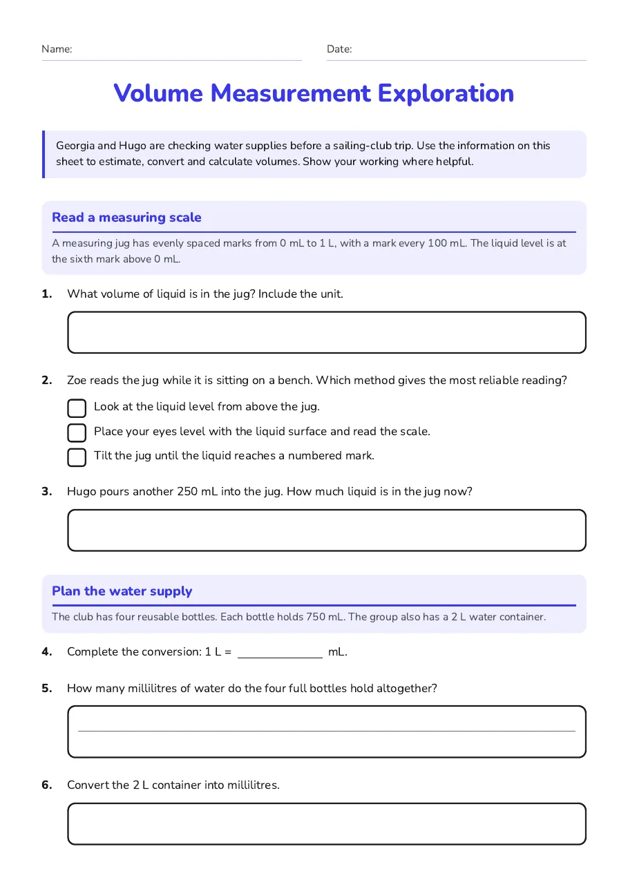 Volume Measurement Exploration, page 1 of 2: Read a measuring scale, Plan the water supply