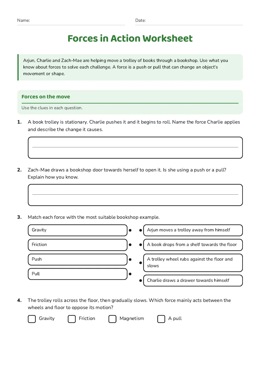 Forces in Action Worksheet, page 1 of 2: Forces on the move