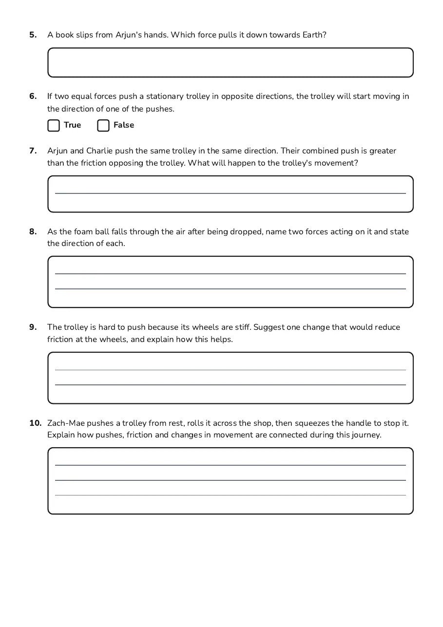 Forces in Action Worksheet, page 2 of 2: 5. A book slips from Arjun's hands. Which force pulls it down towards Earth?