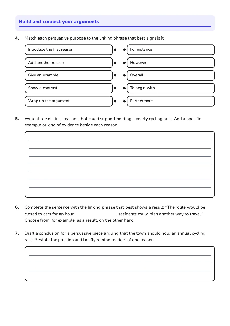 Questions practise choosing a clear position and identifying a relevant audience.