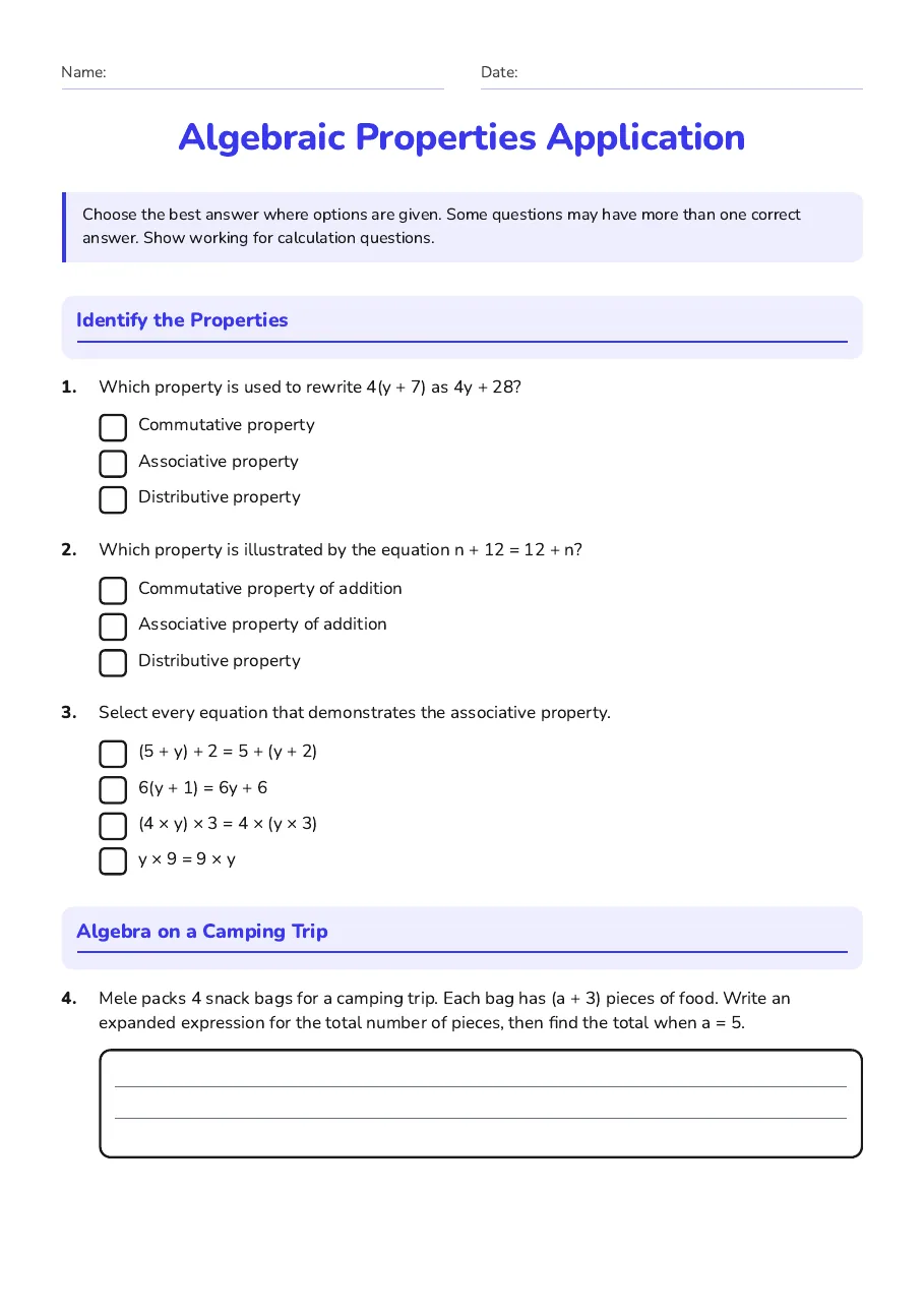 Algebraic Properties Application, page 1 of 2: Identify the Properties, Algebra on a Camping Trip