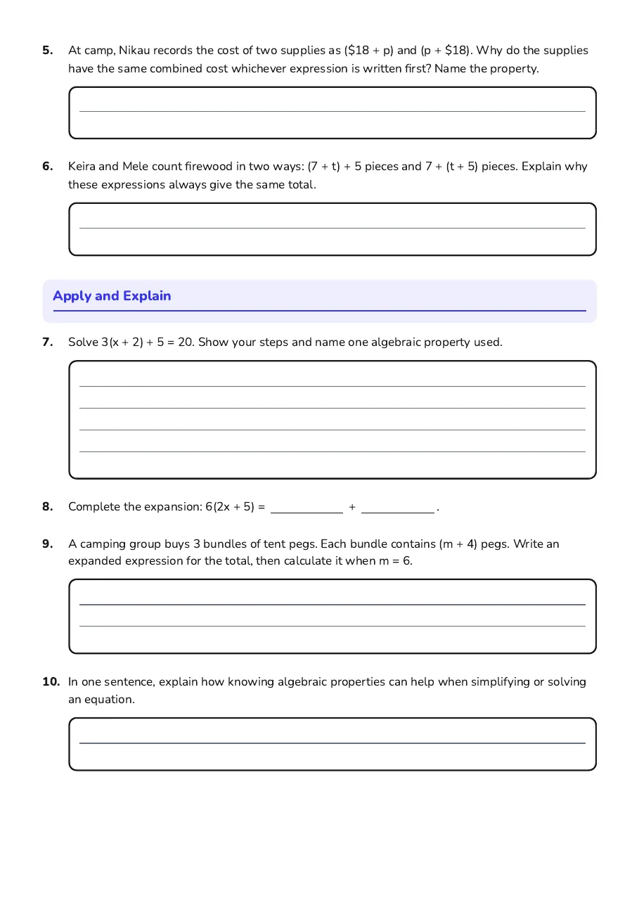 Algebraic Properties Application, page 2 of 2: Apply and Explain
