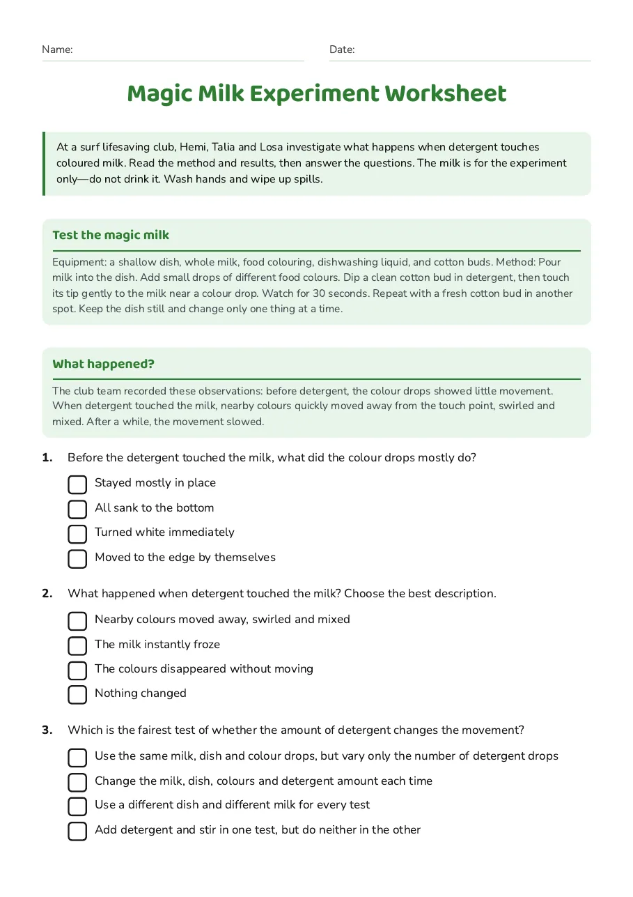 Magic Milk Experiment Worksheet, page 1 of 2: Test the magic milk, What happened?