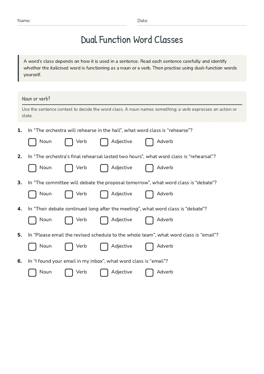 Dual Function Word Classes, page 1 of 3: Noun or verb?