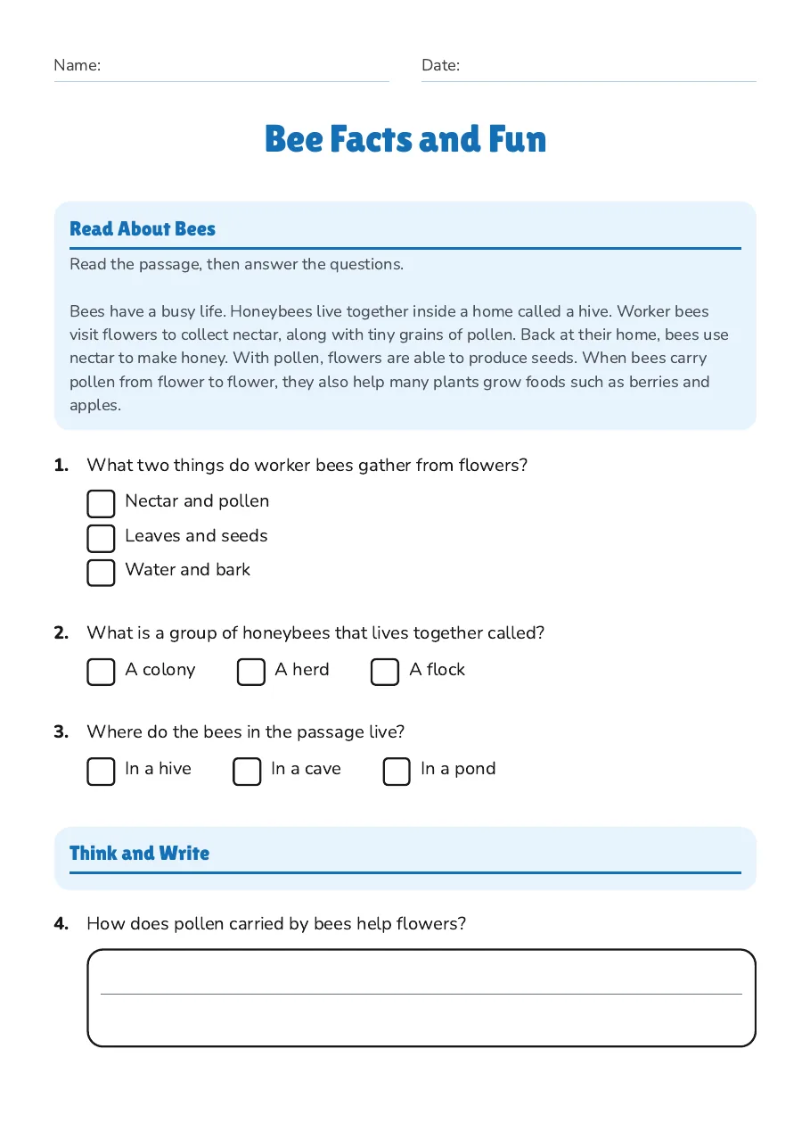 A short passage about honeybees, with comprehension questions.