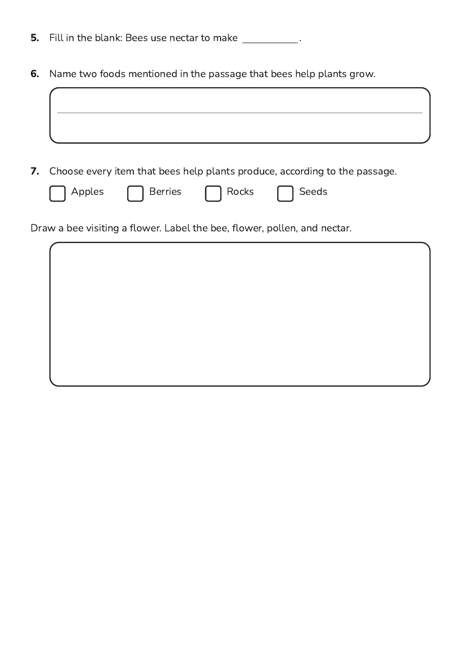 Writing questions about how bees help flowers and plants, plus a labelled drawing activity.