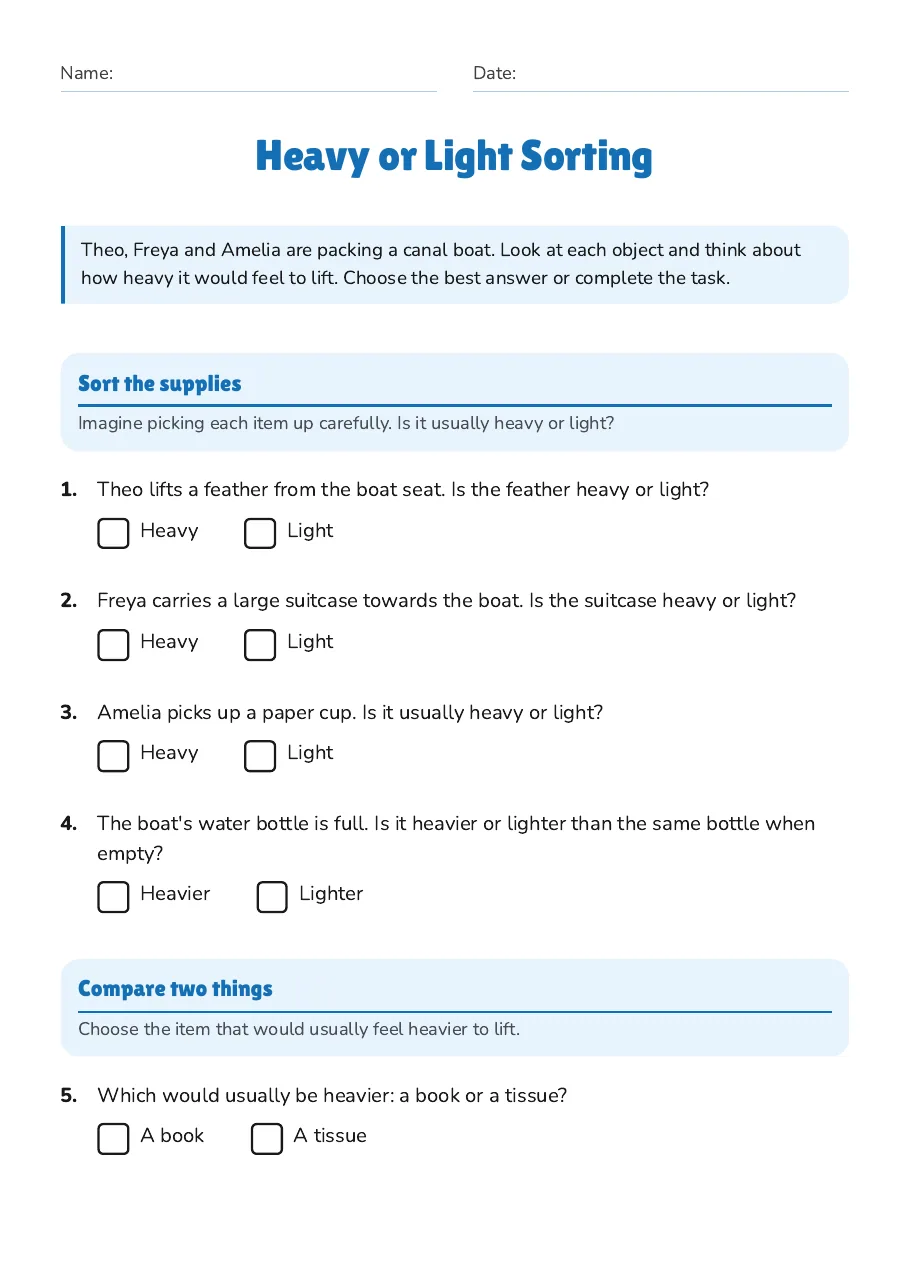 Heavy or Light Sorting, page 1 of 3: Sort the supplies, Compare two things