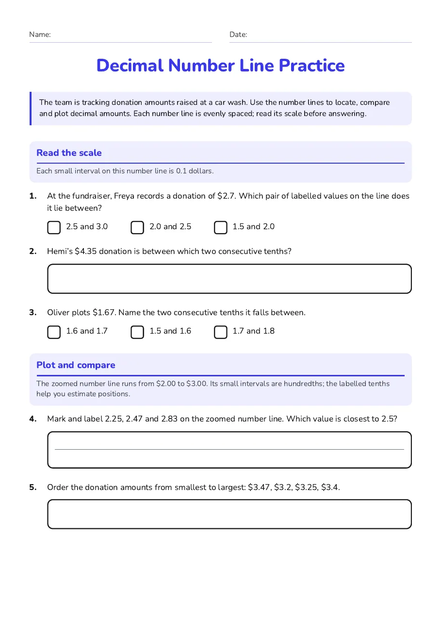 Decimal Number Line Practice, page 1 of 2: Read the scale, Plot and compare