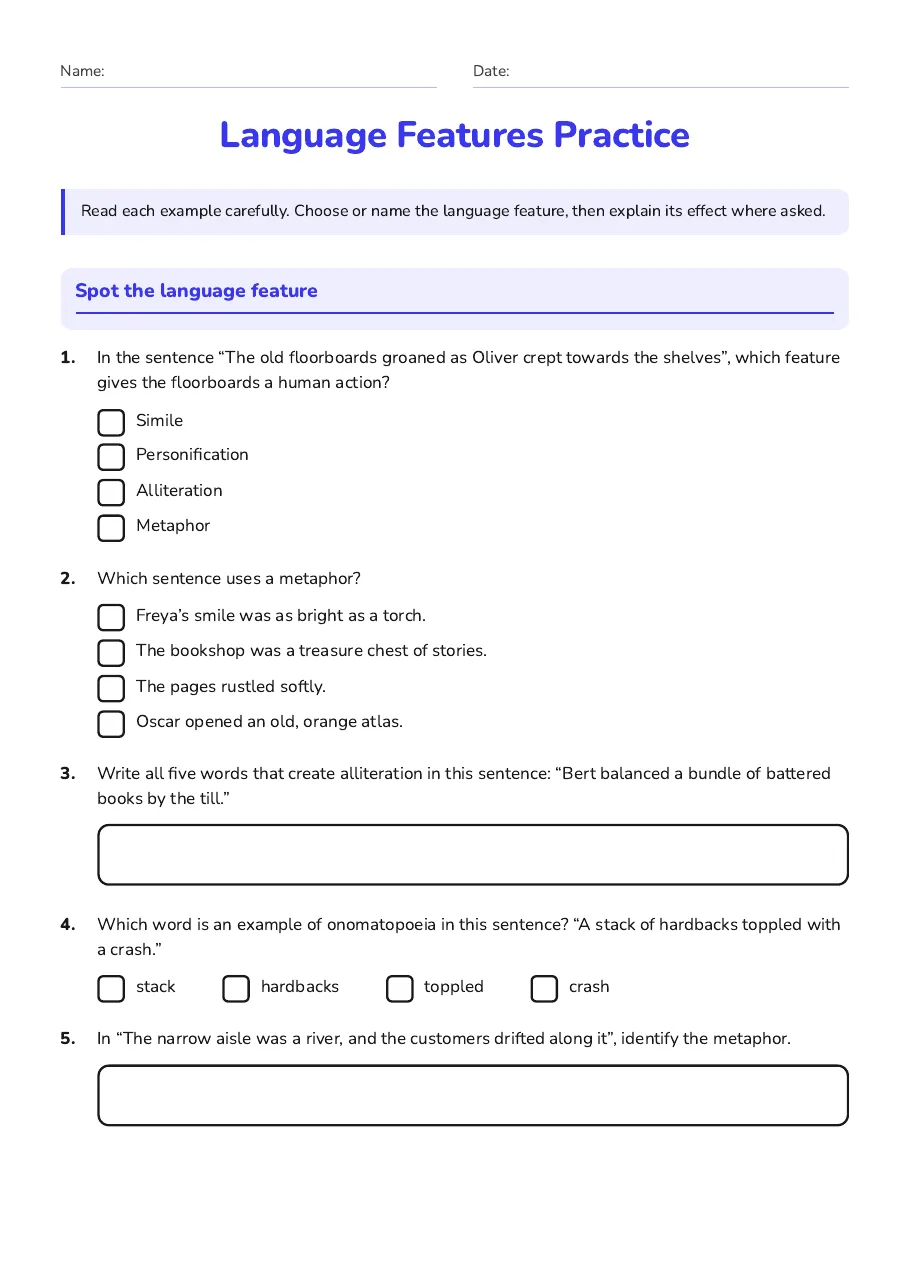 A language features practice worksheet with a cosy illustrated bookshop, multiple-choice identification, and short answers.