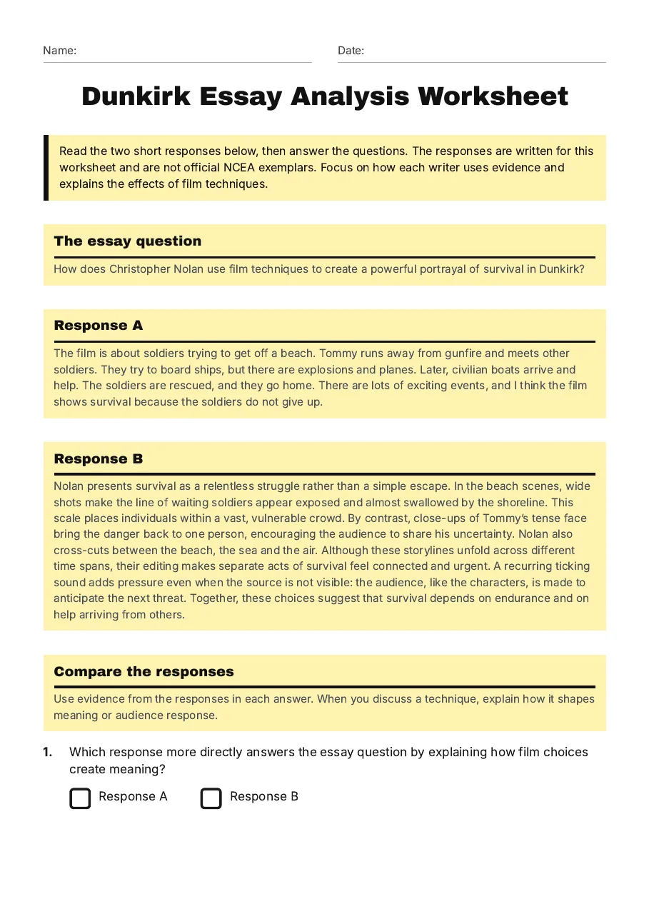 Dunkirk Essay Analysis Worksheet, page 1 of 3: The essay question, Response A, Response B