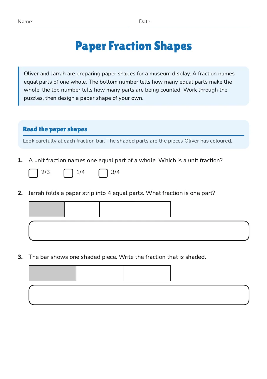 Paper Fraction Shapes, page 1 of 3: Read the paper shapes