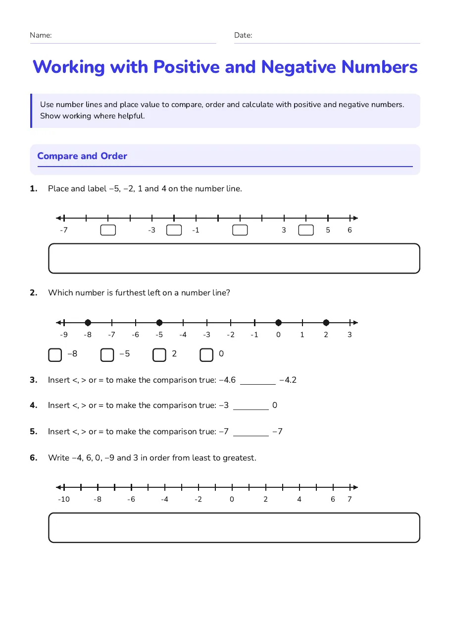 Working with Positive and Negative Numbers, page 1 of 3: Compare and Order