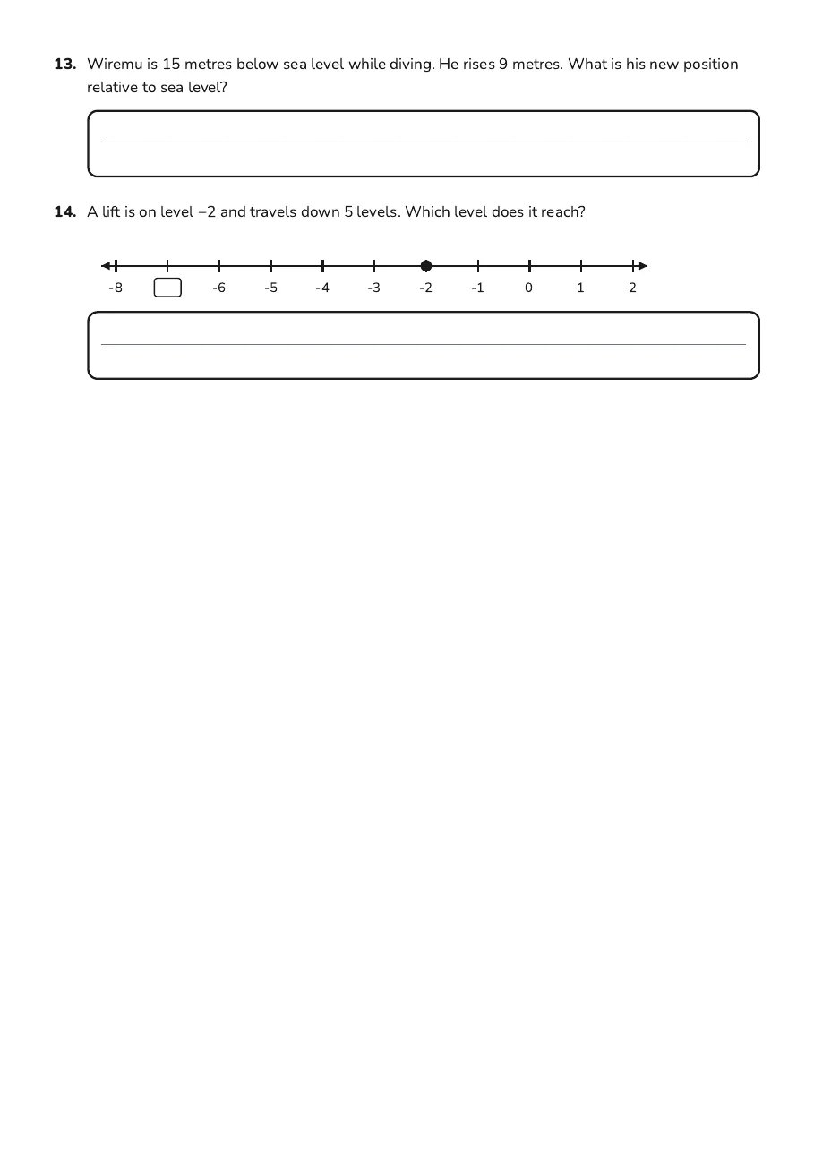 Working with Positive and Negative Numbers, page 3 of 3: 13. Wiremu is 15 metres below sea level while diving. He rises 9 metres. What is his new…