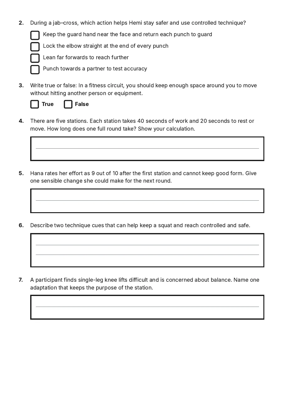 Dynamic Fitness Stations, page 2 of 3: 2. During a jab–cross, which action helps Hemi stay safer and use controlled technique?