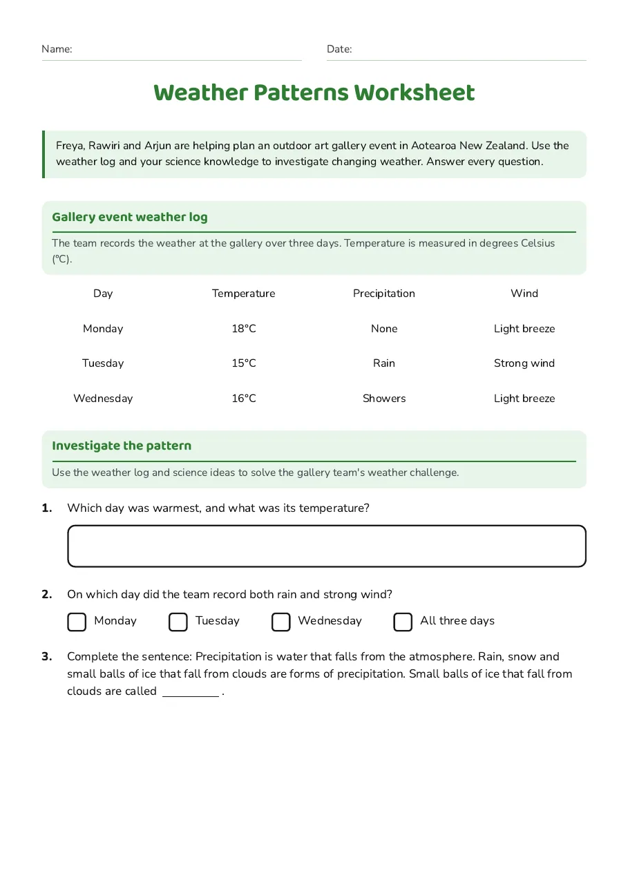 Weather Patterns Worksheet, page 1 of 3: Gallery event weather log, Investigate the pattern