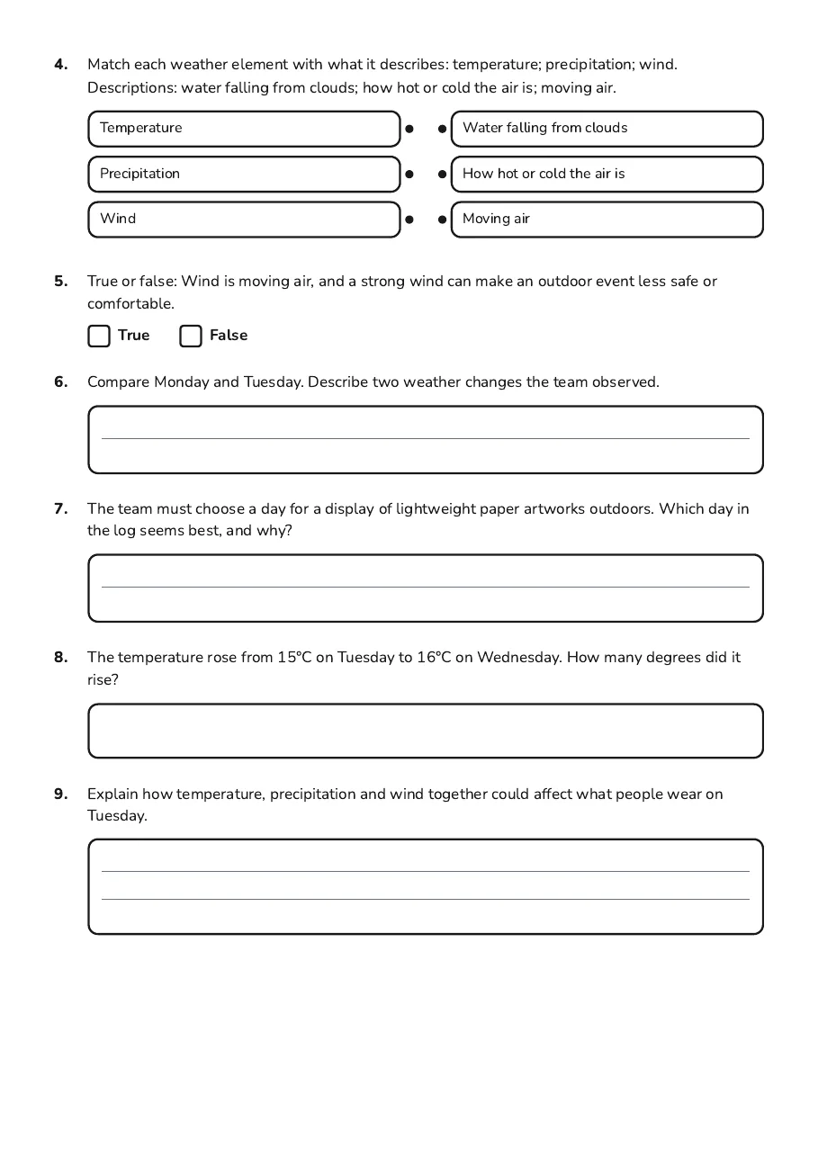 Weather Patterns Worksheet, page 2 of 3: 4. Match each weather element with what it describes: temperature; precipitation; wind.