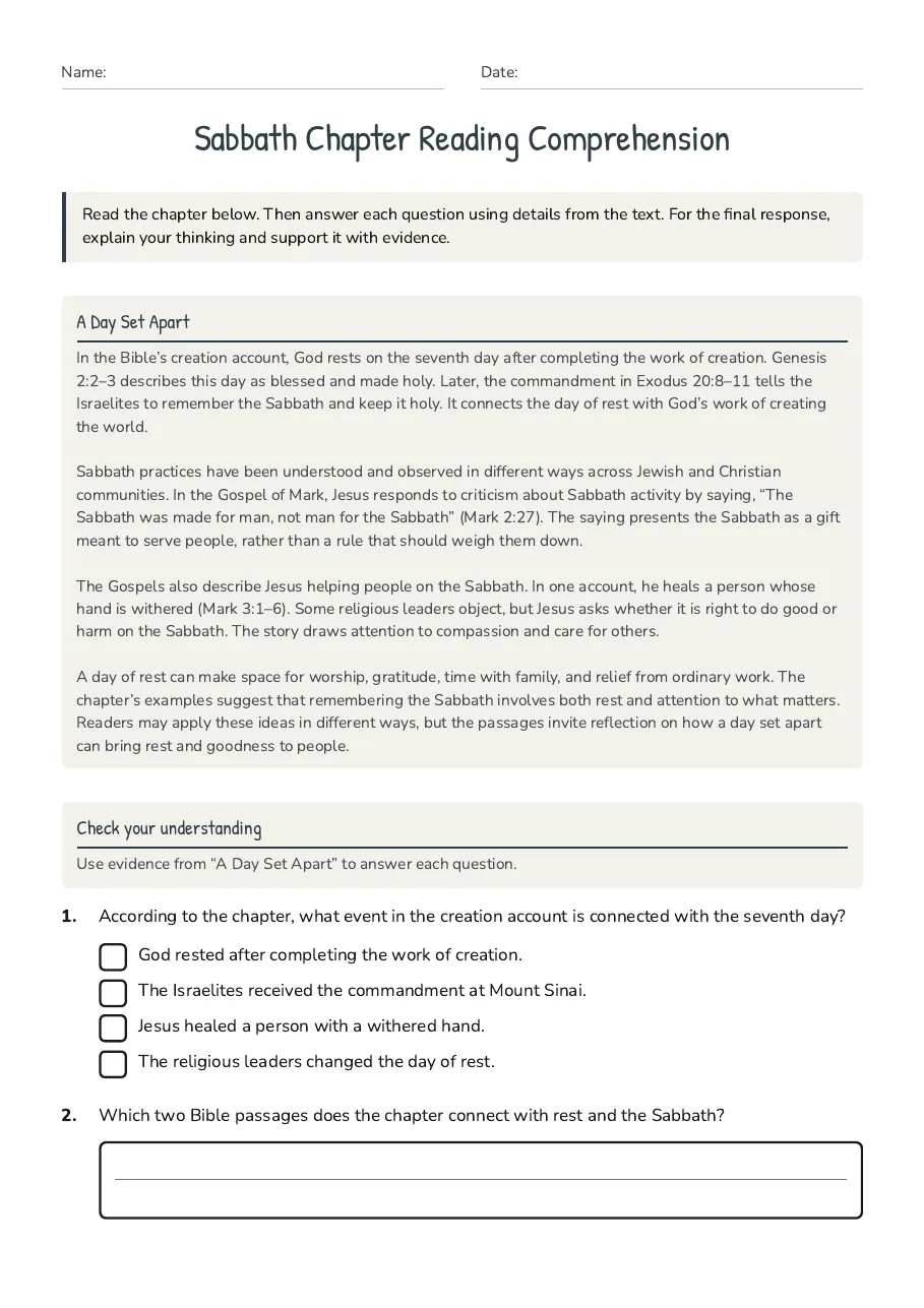Sabbath Chapter Reading Comprehension, page 1 of 3: A Day Set Apart, Check your understanding