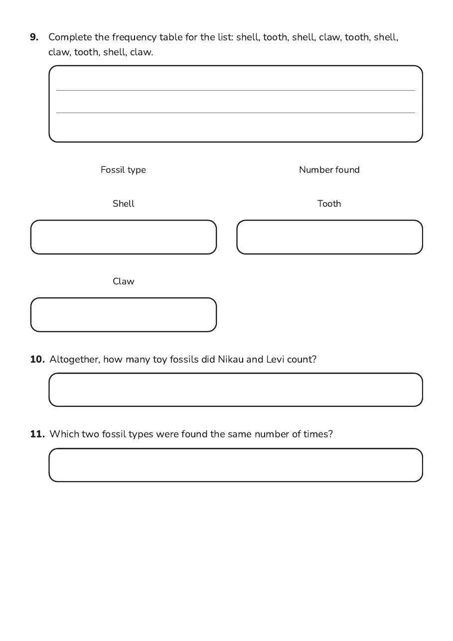 Organizing Data Tables, page 3 of 3: 9. Complete the frequency table for the list: shell, tooth, shell, claw, tooth, shell,