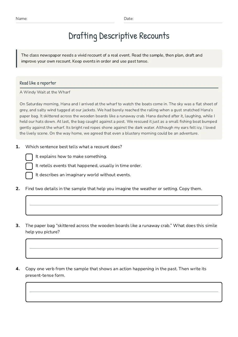 Drafting Descriptive Recounts, page 1 of 3: Read like a reporter