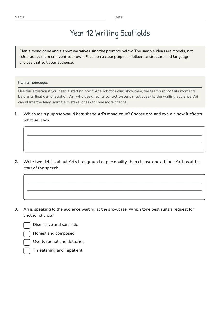 Year 12 Writing Scaffolds, page 1 of 3: Plan a monologue