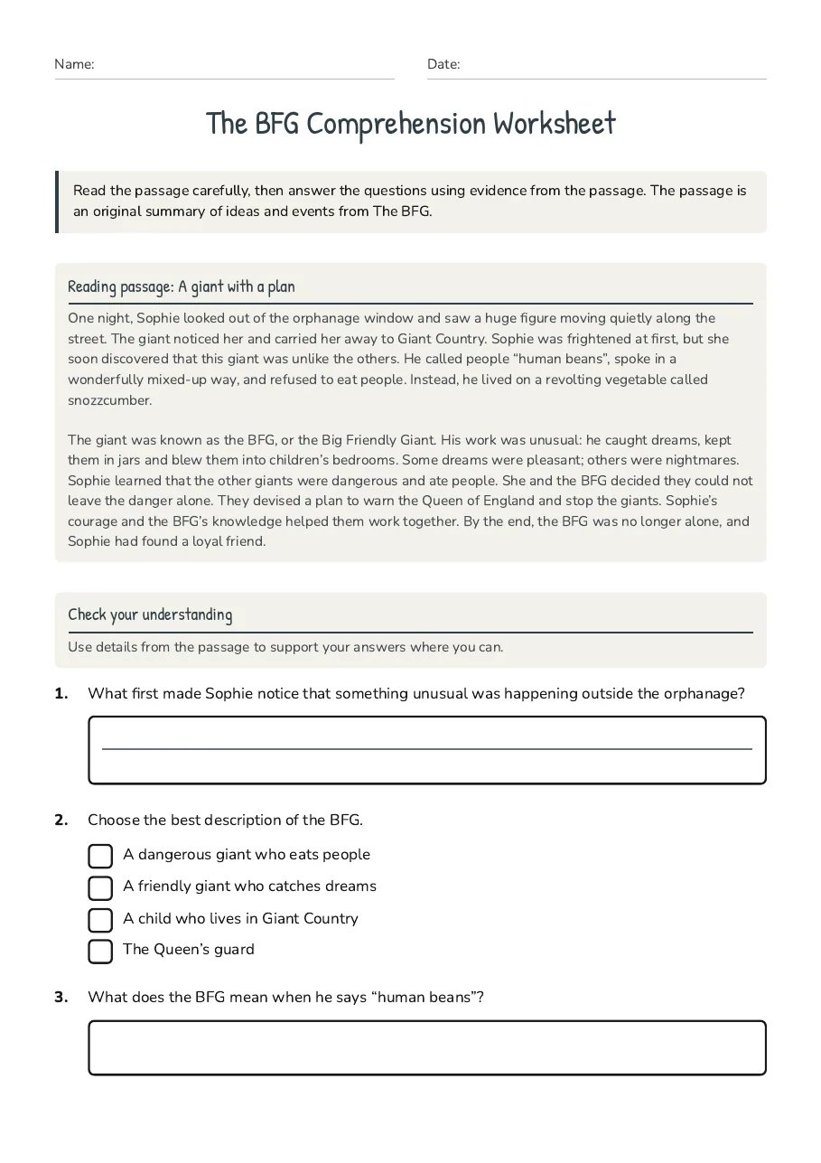 The BFG Comprehension Worksheet, page 1 of 2: Reading passage: A giant with a plan, Check your understanding