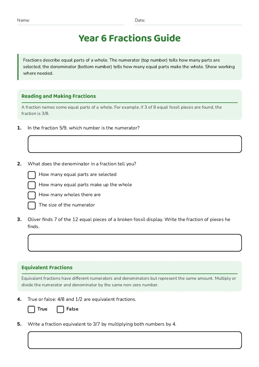 Year 6 Fractions Guide, page 1 of 3: Reading and Making Fractions, Equivalent Fractions