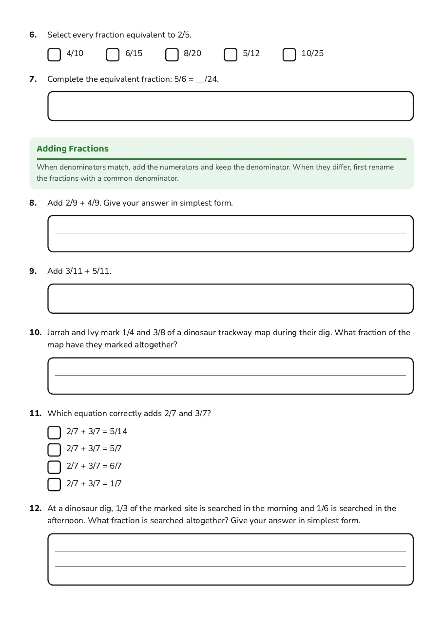 Year 6 Fractions Guide, page 2 of 3: Adding Fractions