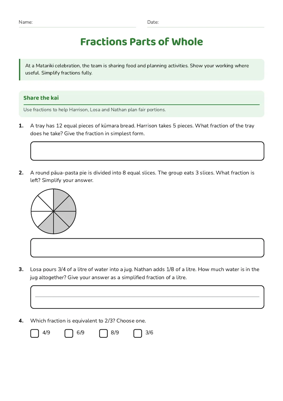 Fractions Parts of Whole, page 1 of 3: Share the kai