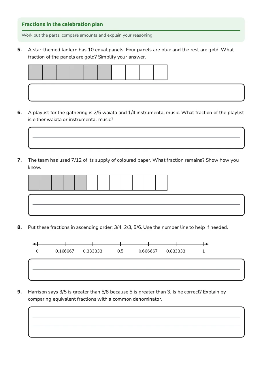 Fractions Parts of Whole, page 2 of 3: Fractions in the celebration plan