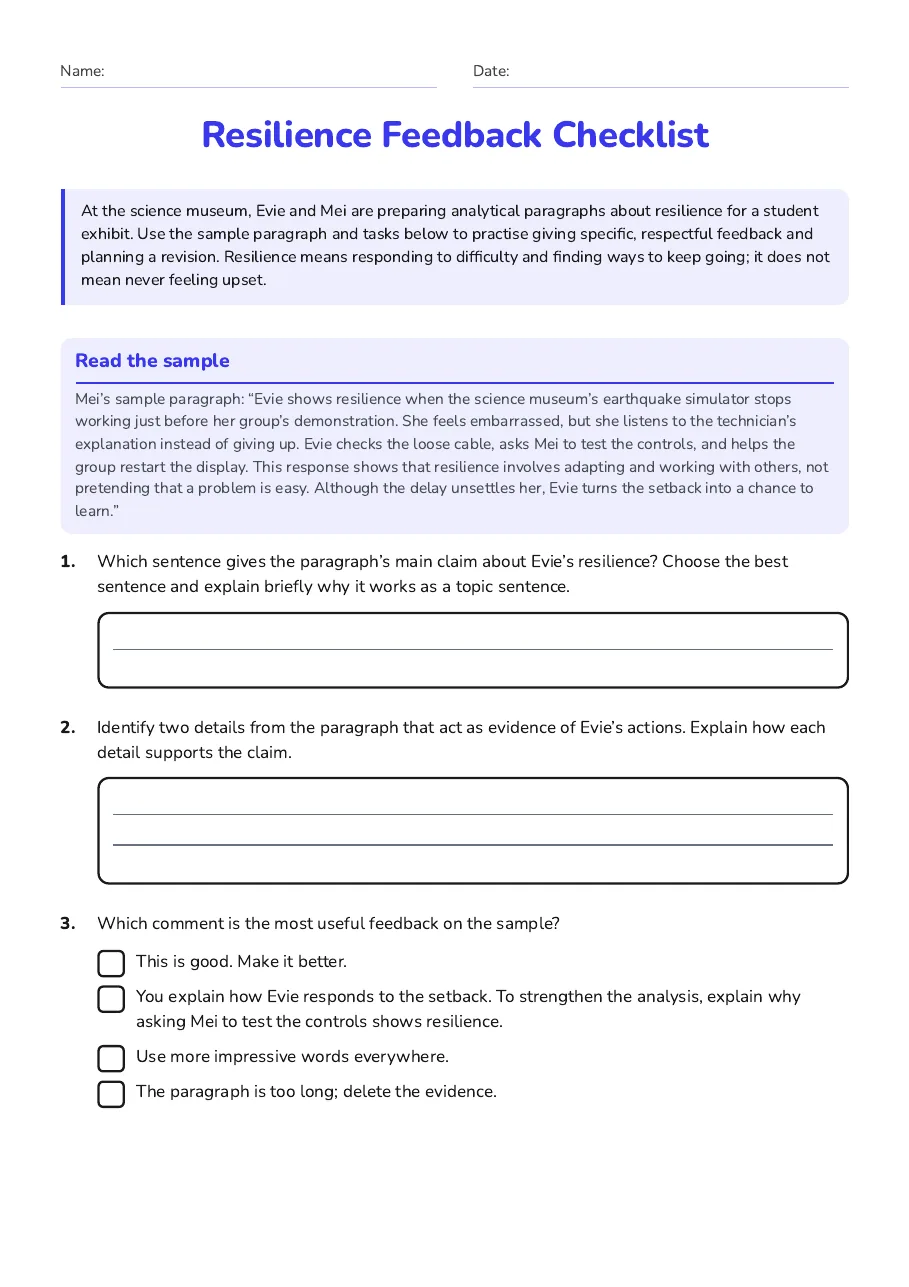 Resilience Feedback Checklist, page 1 of 3: Read the sample