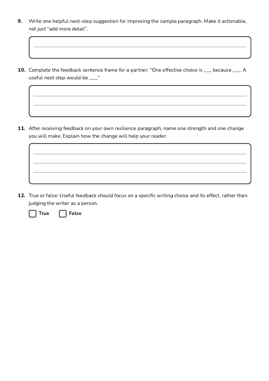 Resilience Feedback Checklist, page 3 of 3: 9. Write one helpful next-step suggestion for improving the sample paragraph. Make it…