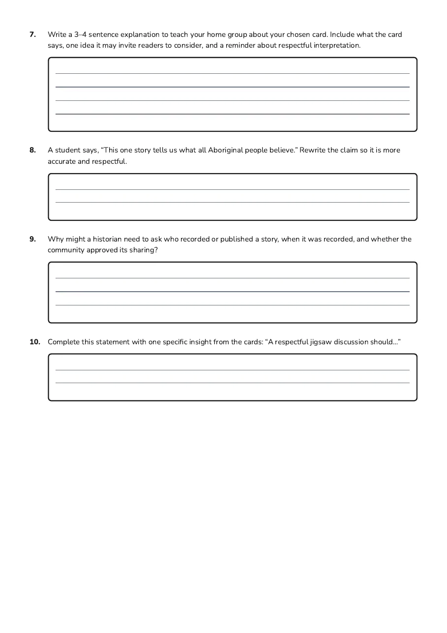 Aboriginal Dreaming Stories Jigsaw, page 3 of 3: 7. Write a 3–4 sentence explanation to teach your home group about your chosen card.…
