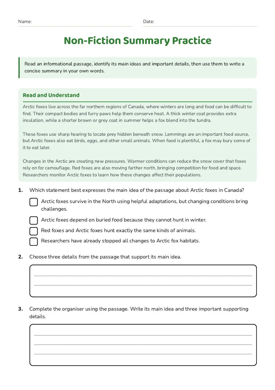 Non-Fiction Summary Practice, page 1 of 2: Read and Understand