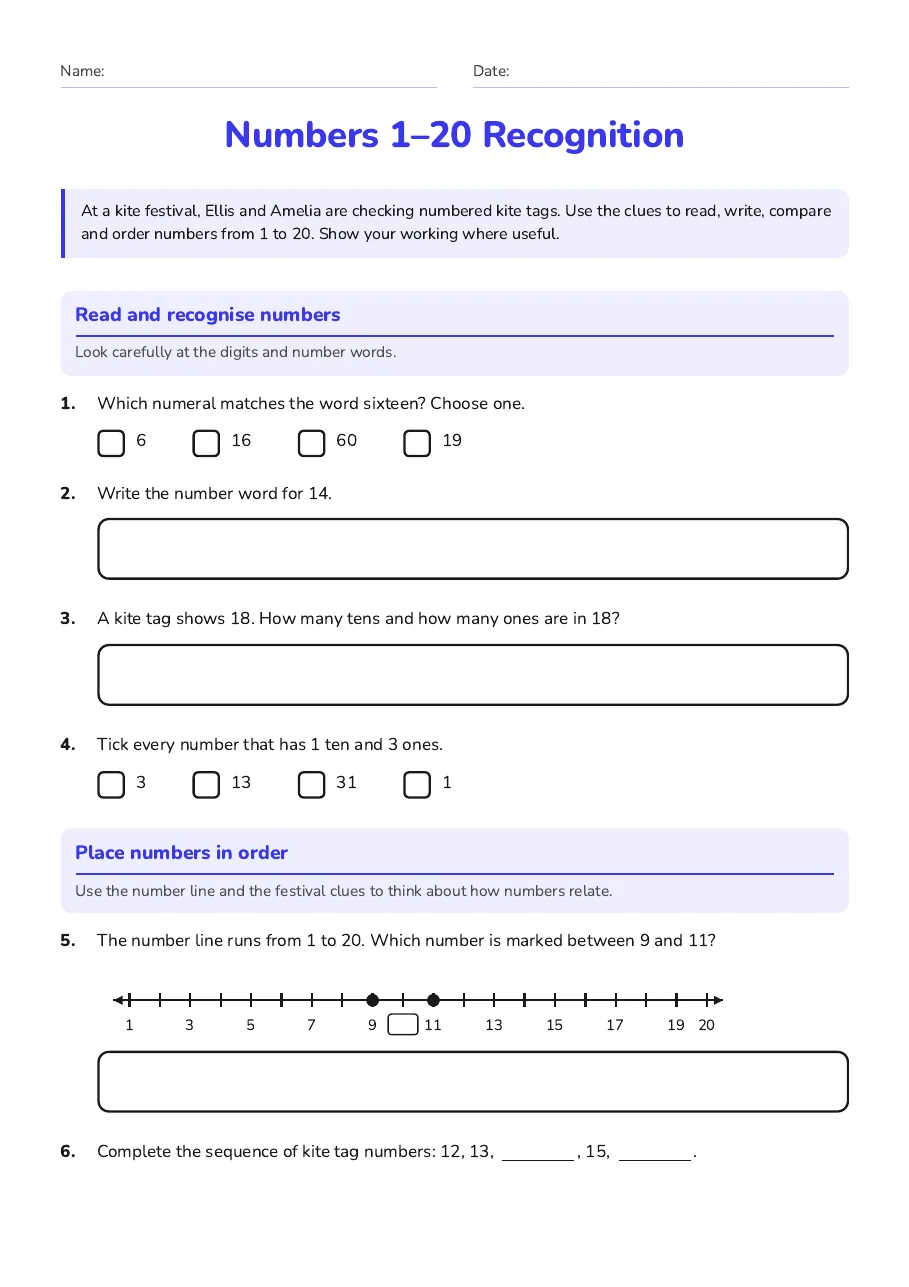 Numbers 1–20 Recognition, page 1 of 2: Read and recognise numbers, Place numbers in order