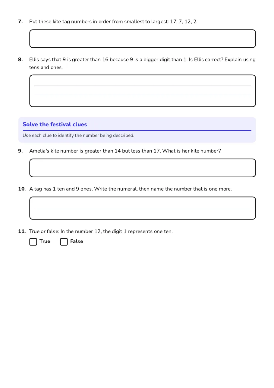 Numbers 1–20 Recognition, page 2 of 2: Solve the festival clues