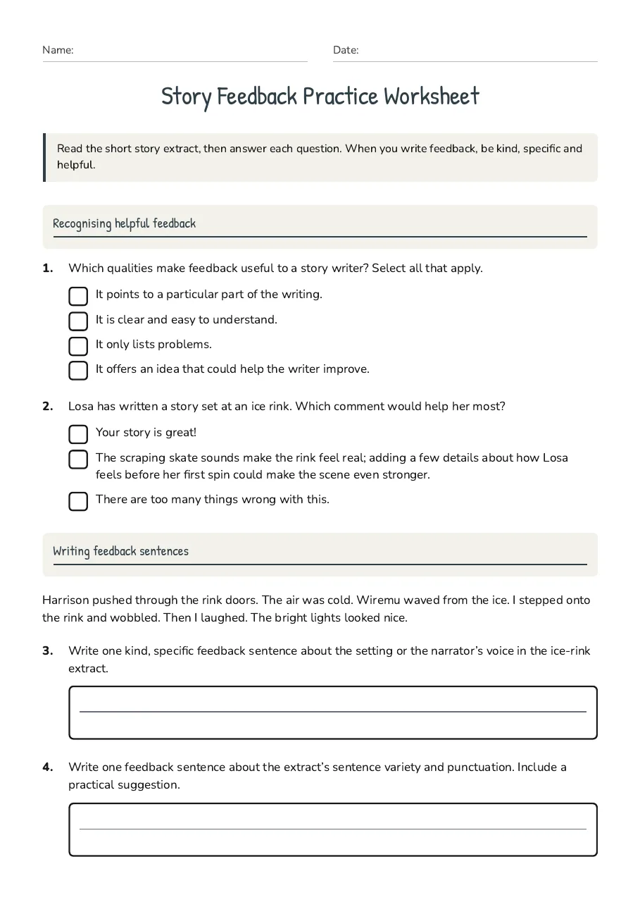 Story Feedback Practice Worksheet, page 1 of 2: Recognising helpful feedback, Writing feedback sentences