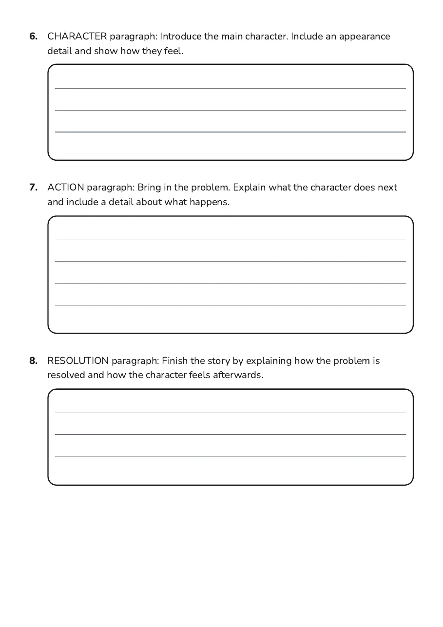 SCAR Narrative Writing Guide, page 3 of 4: 6. CHARACTER paragraph: Introduce the main character. Include an appearance