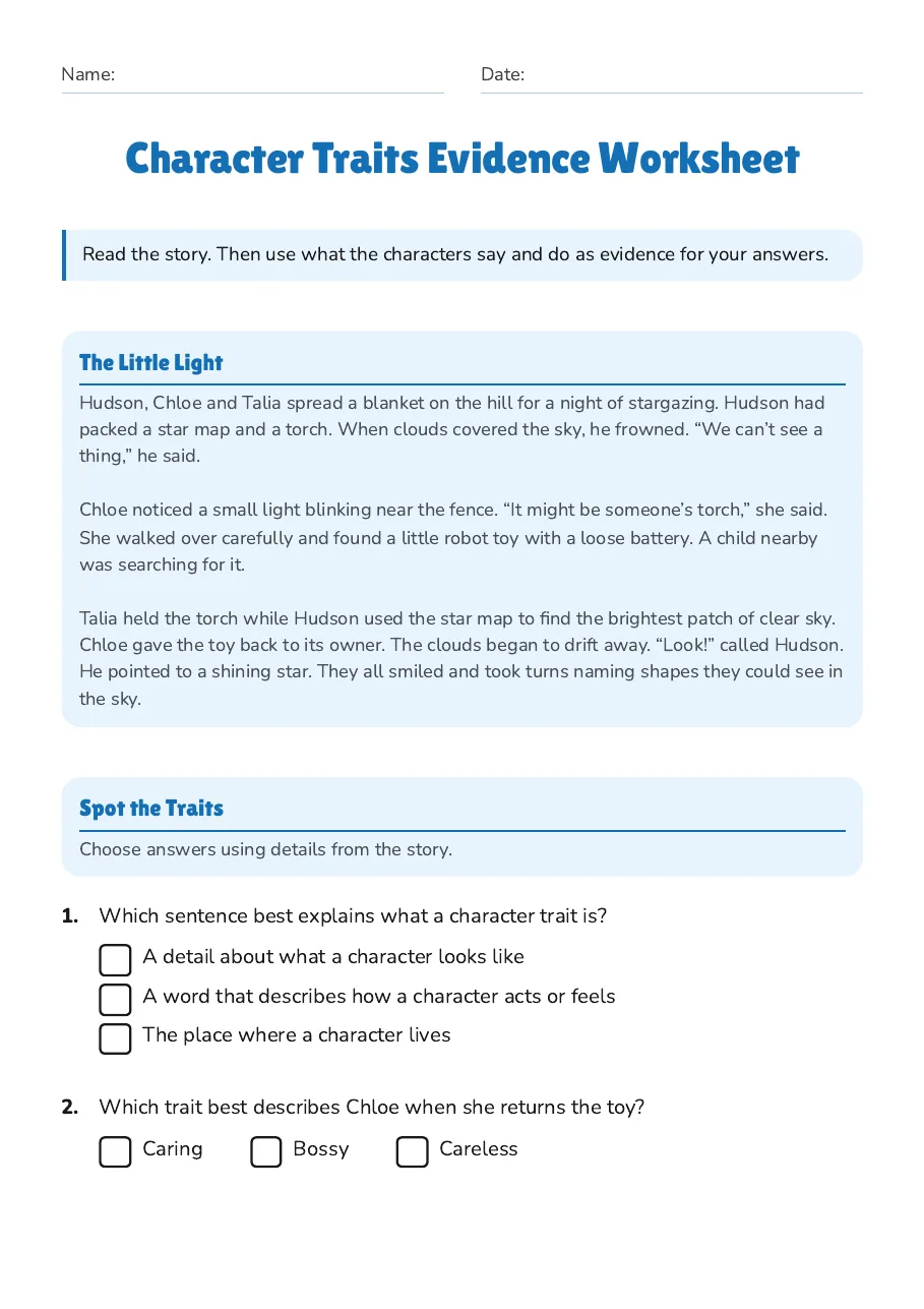 Character Traits Evidence Worksheet, page 1 of 3: The Little Light, Spot the Traits