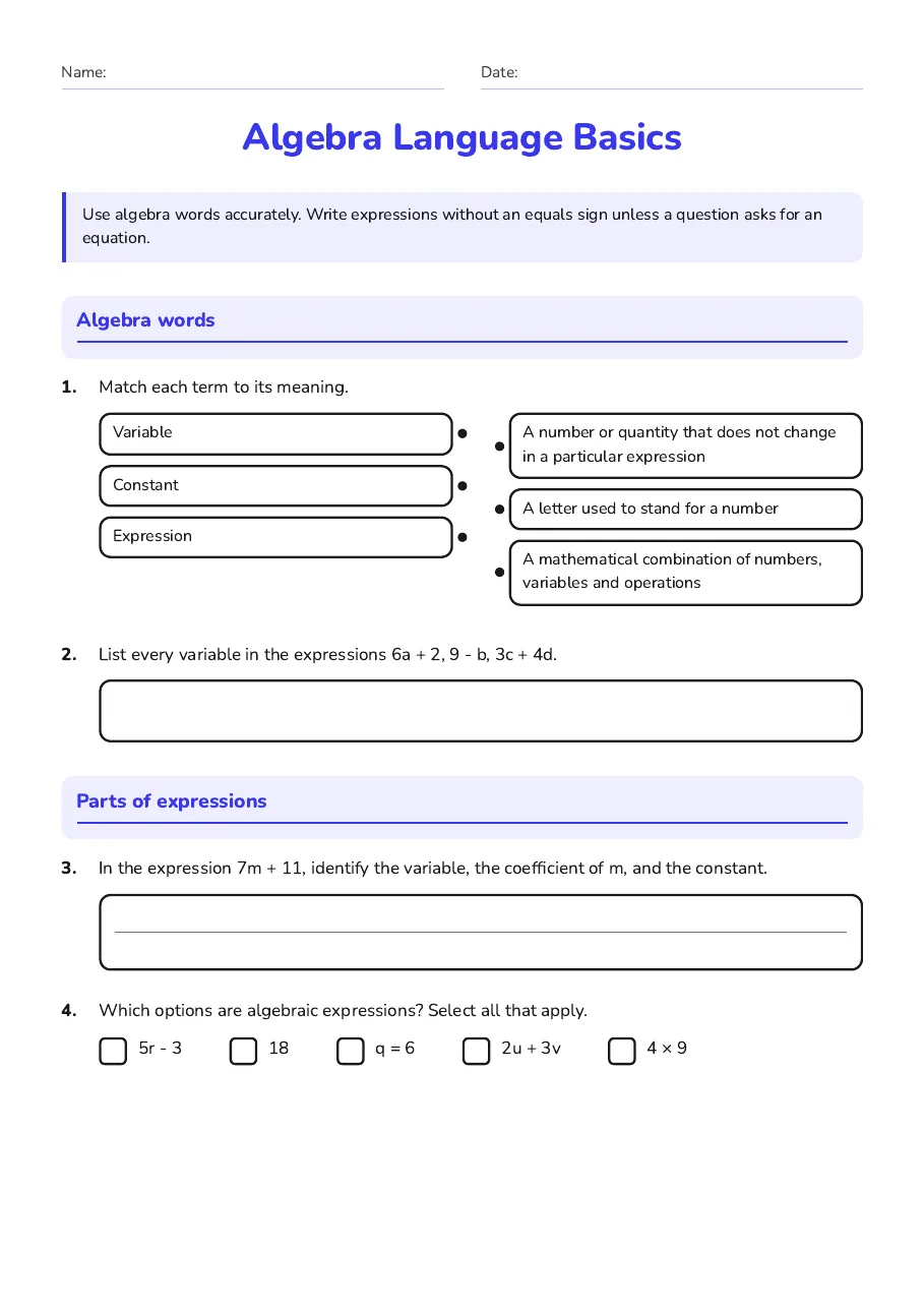 Algebra Language Basics, page 1 of 2: Algebra words, Parts of expressions