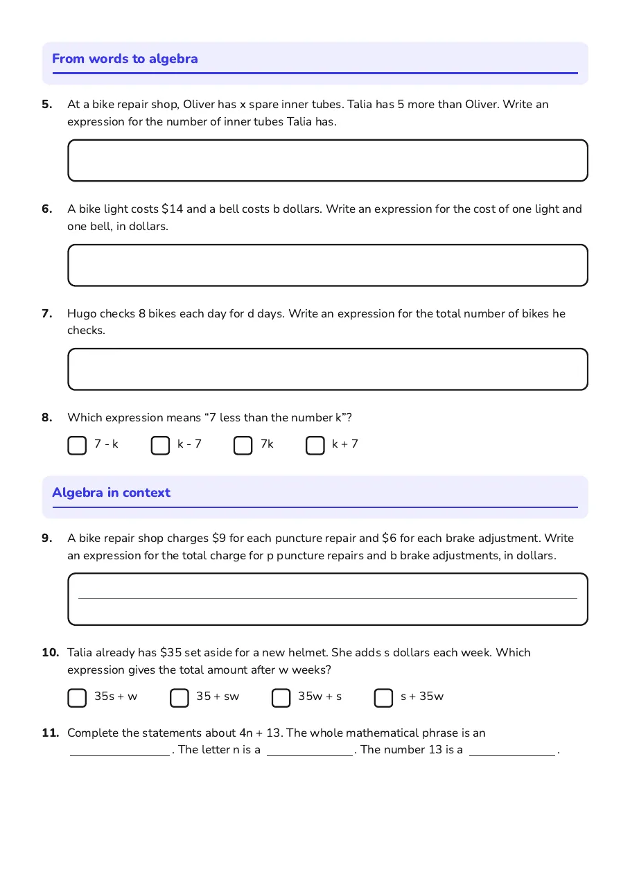Algebra Language Basics, page 2 of 2: From words to algebra, Algebra in context