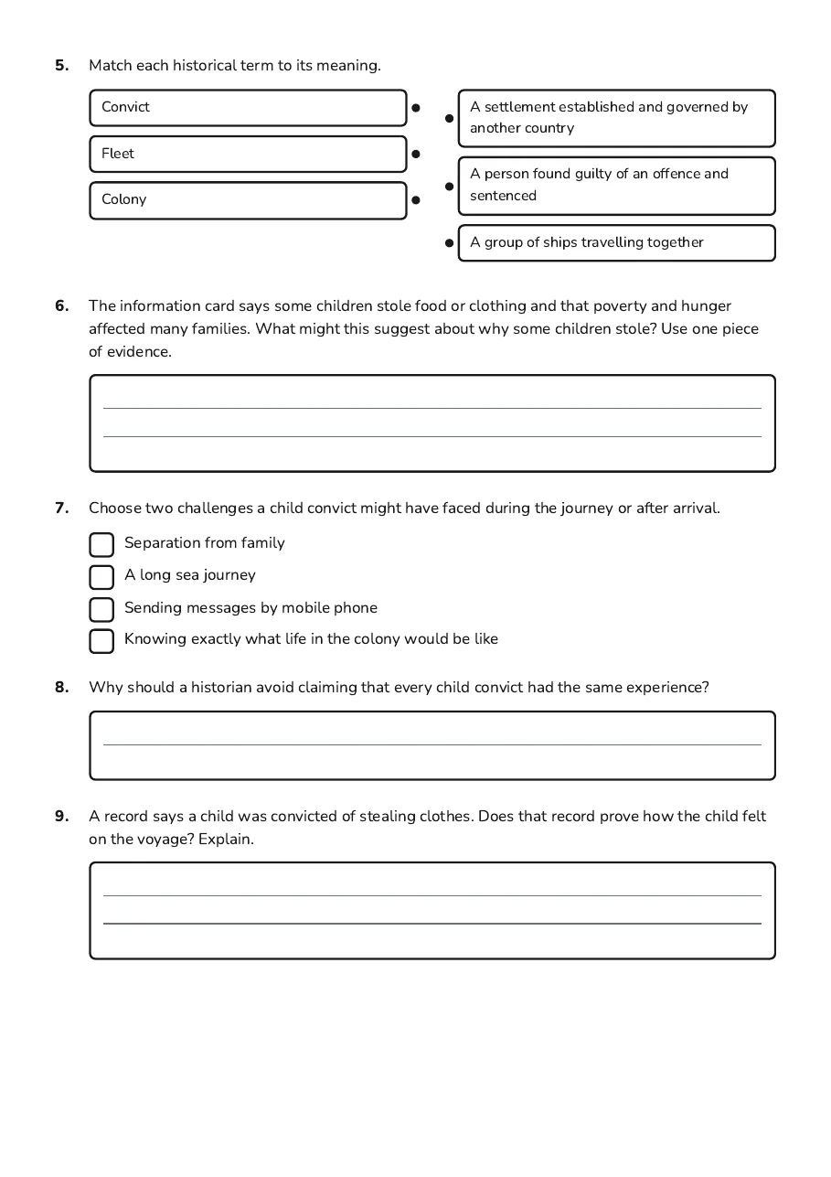 Child Convicts First Fleet, page 2 of 3: 5. Match each historical term to its meaning.