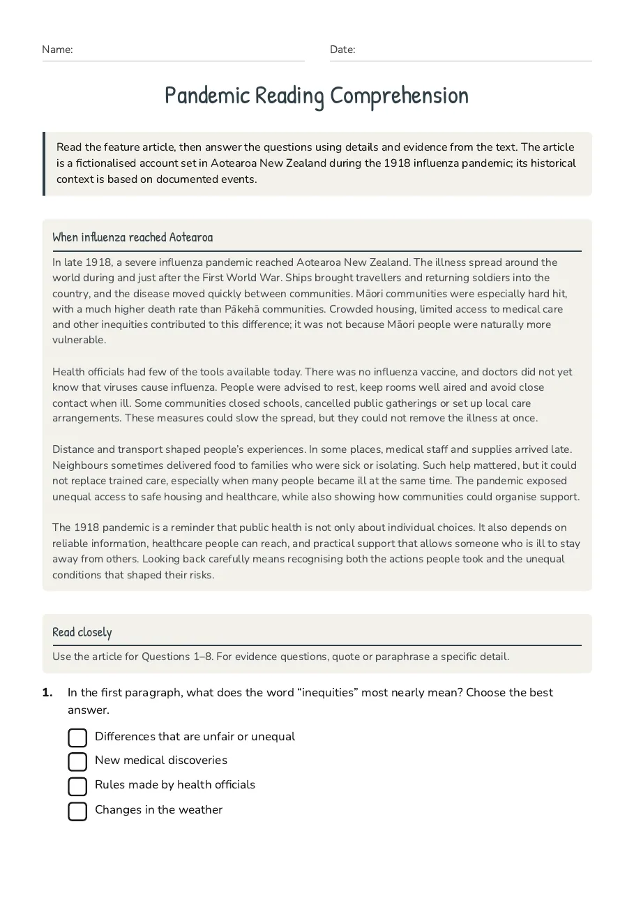 Pandemic Reading Comprehension, page 1 of 3: When influenza reached Aotearoa, Read closely