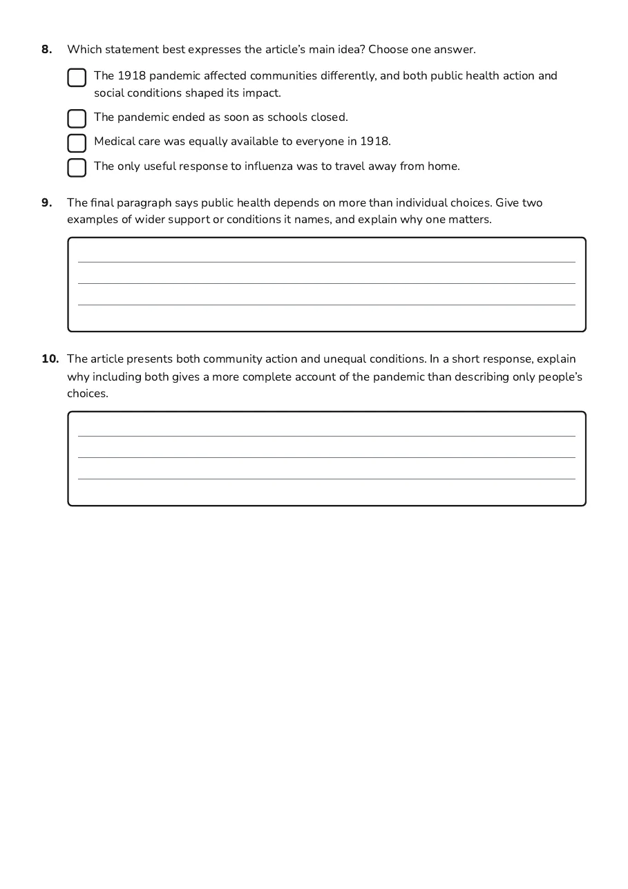 Pandemic Reading Comprehension, page 3 of 3: 8. Which statement best expresses the article’s main idea? Choose one answer.