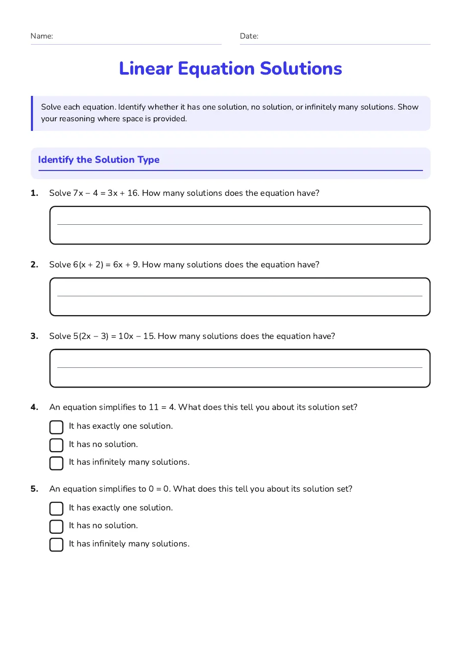 Linear Equation Solutions, page 1 of 3: Identify the Solution Type