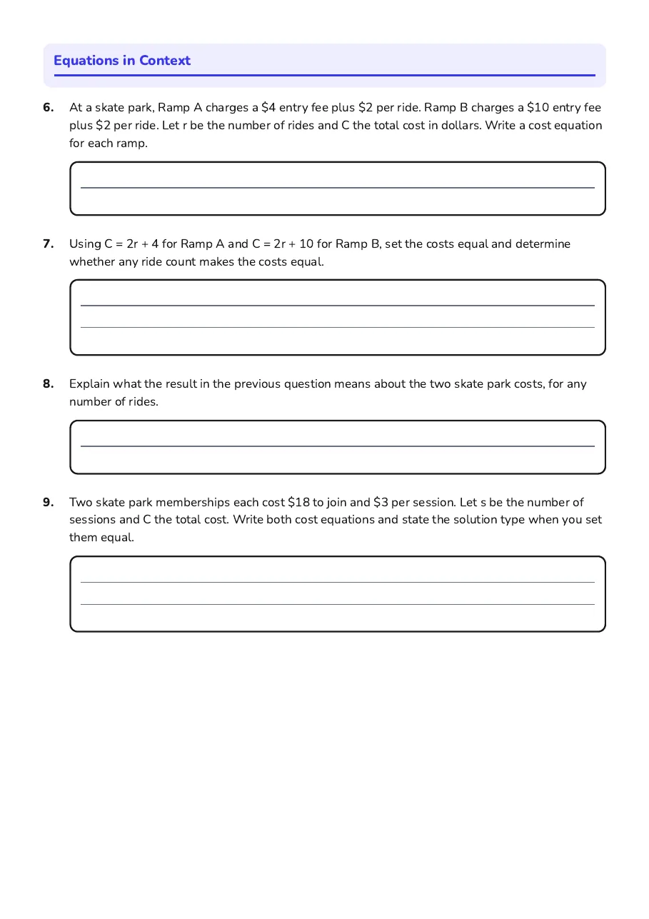 Linear Equation Solutions, page 2 of 3: Equations in Context