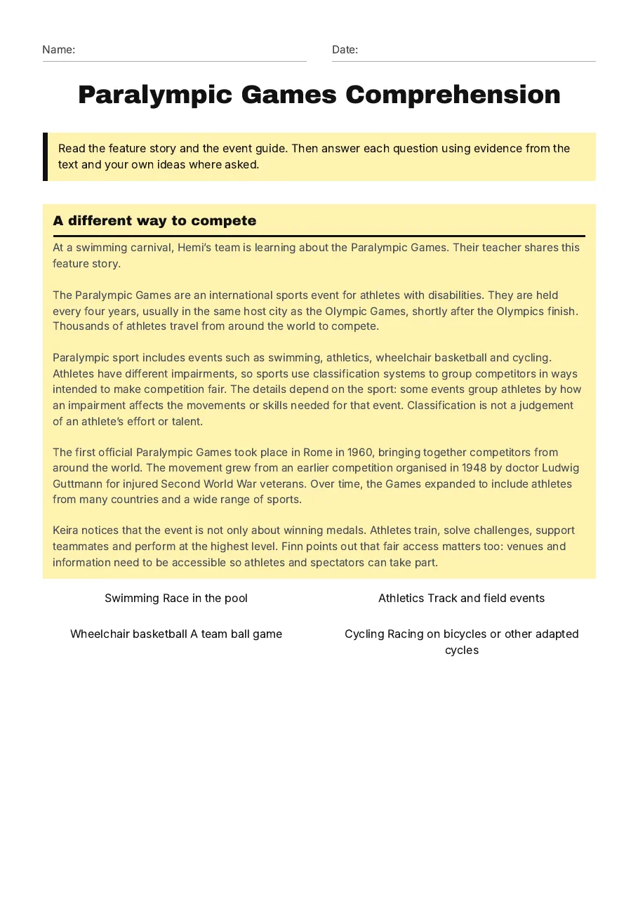 Paralympic Games Comprehension, page 1 of 3: A different way to compete