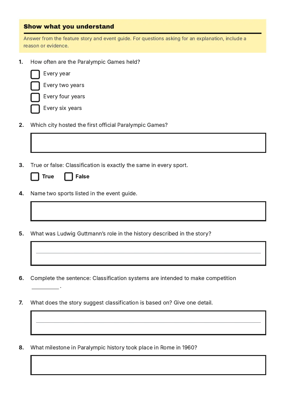Paralympic Games Comprehension, page 2 of 3: Show what you understand