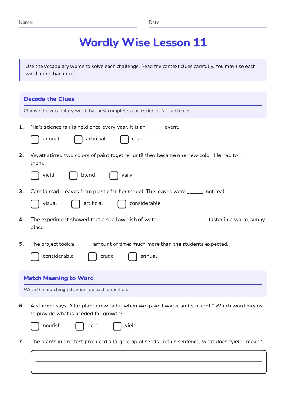 Wordly Wise Lesson 11, page 1 of 2: Decode the Clues, Match Meaning to Word